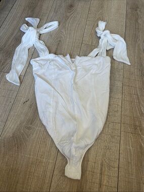 Free People White Tie-Shoulder Ribbed Bodysuit